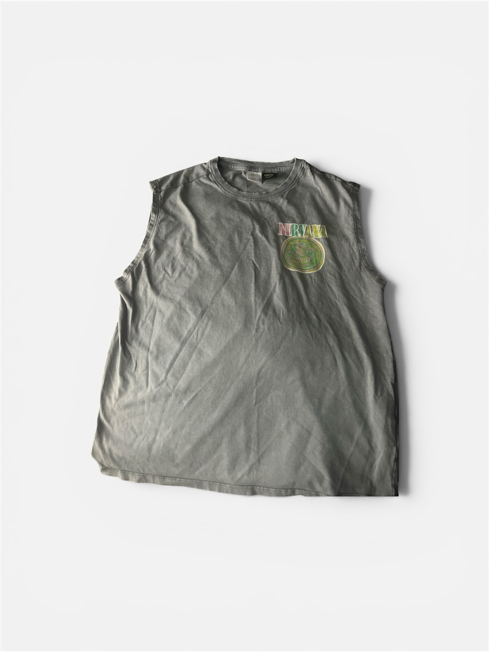 NIRVANA Sleeveless Band Tee in Olive Gray with Neon Logo